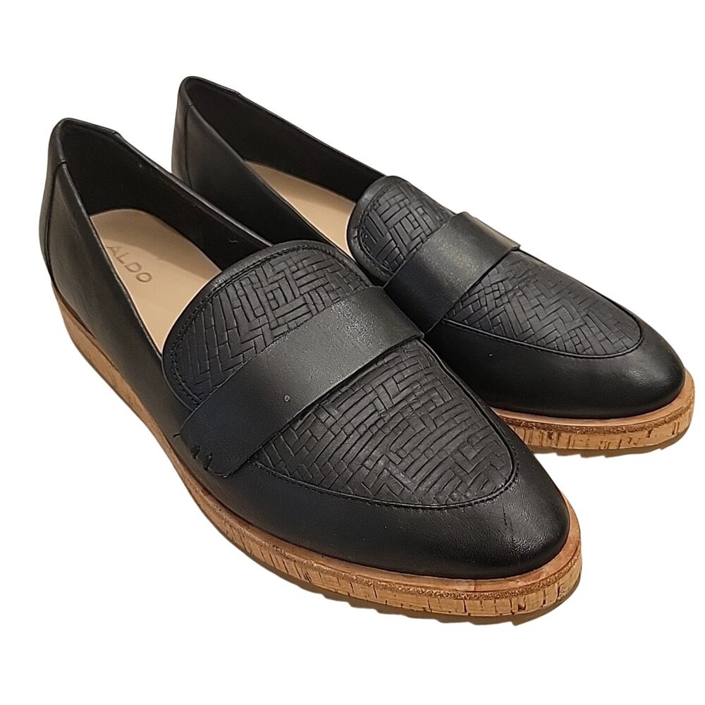 ALDO Loafers Women Sz 8.5 flex Leather Black cork sole Shoes Office Workwear